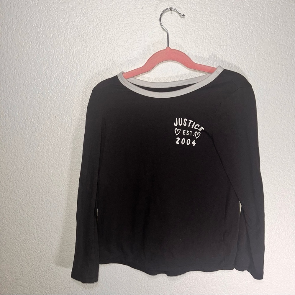 Girls Size 7 Justice Black White Long Sleeve Graphic Casual Shirt Tee Top